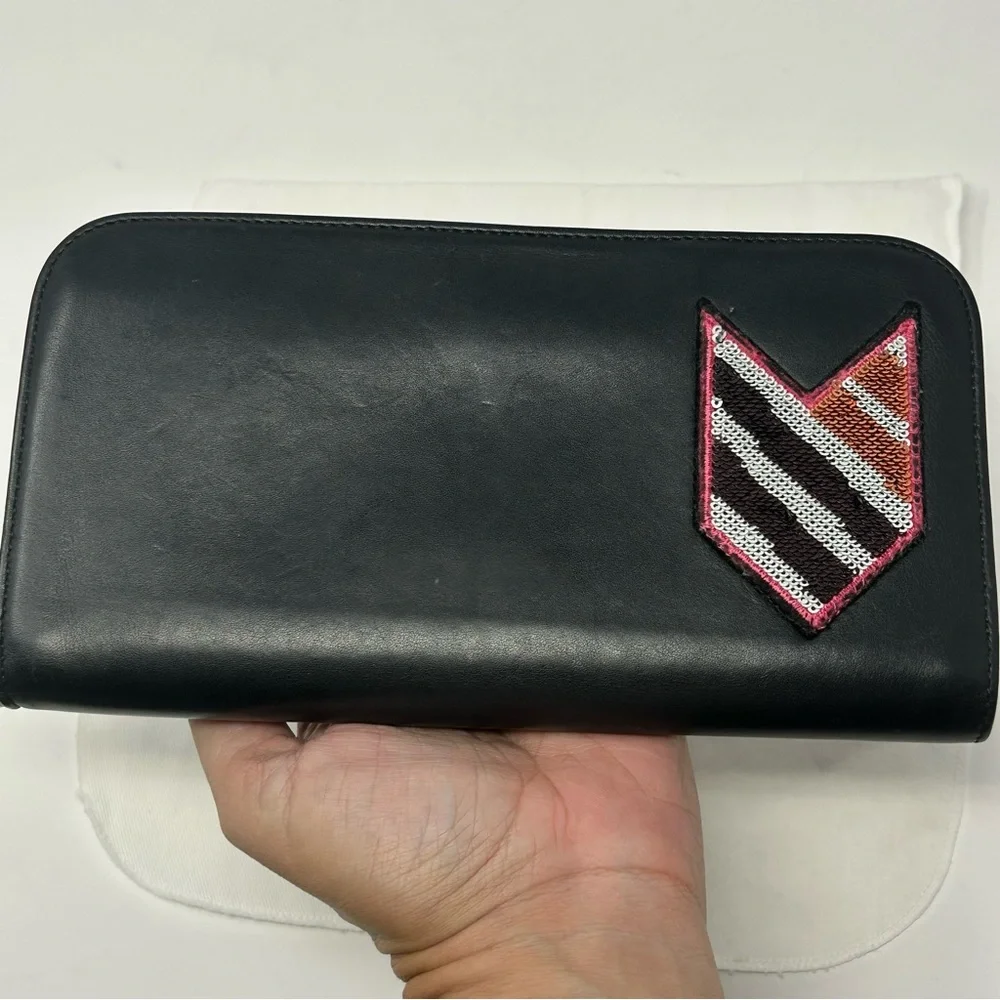 Dior Chevron Sequin Zip Around Long Wallet Black Leather Pink Interior Authentic